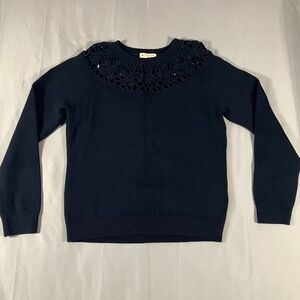 Brooks Brothers Red Fleece Women's Medium Navy Cotton Knit Sweater Crochet Yoke